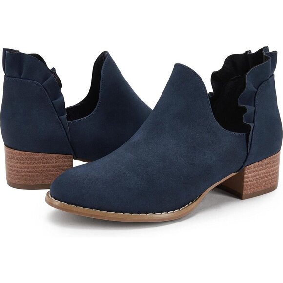 Fisace Ruffled Ankle Boots Women Blue Faux Leather Pointed Toe Chunky Low Heels - Picture 3 of 4